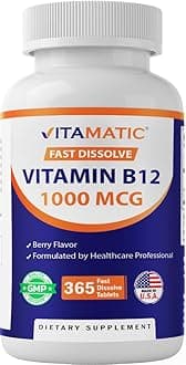 Vitamatic Vitamin B12 1000 mcg Fast Dissolve – 365 Tablets – Natural Berry Flavor – Supports Energy Metabolism & Nervous System Health