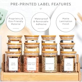 Laramaid 6oz 12Packs Glass Jars Set, Round Spice Jars with Bamboo Lids and Customized Labels, Food Storage Container Canisters for Home Kitchen, Spice, Herbs, Seasoning, Seed, Tea, Sugar, Salt