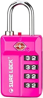 SURE LOCK TSA Approved 4-Digit Luggage Lock, Resettable Combination, Red Dot Open-Alert (Resets Only with Code), Easy-Read Black/White Dials, Hardened Shackle, Zinc Alloy (Pink 1 Pack)