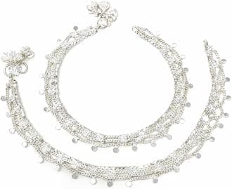 Duel On Jewel Indian Womens Silver Plated Chain Charm Anklet Paayal Jhanjar Pair with Bells Pearls Stones For Dance Wedding Party Bridal Dandiya Gifts