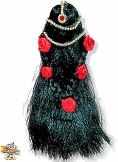 Flower Decoration Open Hair – Decorated Black Microfiber Kesh for Durga Maa, Radha Rani & All Devi Idol by The Kanha Store (8 INCH)
