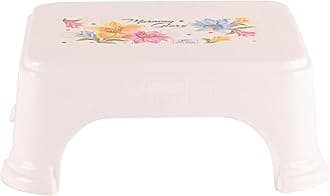 Bath Stool for Bathroom | Plastic Stools for Sitting | Bathroom Stool for Bathing | Flower Print Square Stool | White