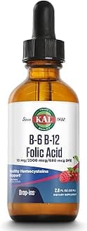 KAL Vitamin B-6 B-12 Folic Acid DropIns, Liquid Vitamin B Supplement Drops, Heart Health, Energy, Red Blood Cell Support with Methyl B12 and Methyl Folate, Natural Mixed Berry Flavor, 59 Servings, 2oz