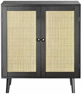 Huuger Buffet Cabinet with Storage, Storage Cabinet with Synthetic Rattan Decor Doors, Accent Cabinet with Solid Wood Feet, Sideboard Cabinet for Hallway, Entry, Living Room, Black