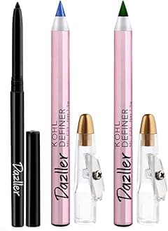 Dazller Kajal Essentials A: Kreamy Kajal, 0.35g (Black) + Kohl Definer, 1.5g (Blue & Green) - Smudge-proof, Easy Blending, Long Stay, Earthen Pigments, Castor oil & Natural Waxes.
