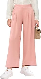 Girls High Waisted Uniform Pants Kids Wide Leg Dress Pants Casual Trousers with Pockets 5-14 Years