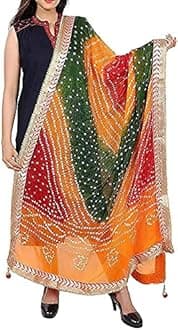 Women Silk Bandhej Multi Colored Heavy Dupatta Chunni with Geecha Border Stole Scarves Multi