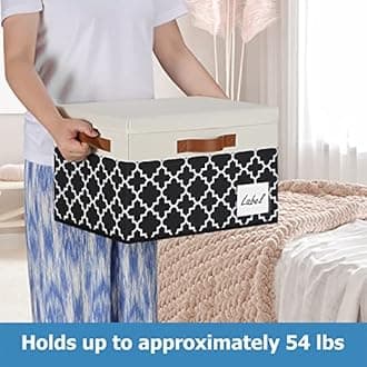 GhvyenntteS Extra Large Storage Bins with Lids, Foldable Fabric Storage Boxes with Lids and 3 Handles, Storage Baskets with Label Window (3 Pack, White&Lattice Black, 15.75x11.8x10.2)