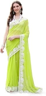 RAJESHWAR FASHION WITH RF Women's Printed Georgette Sarees For Ladies & College Girls Farewell With Lace Border & Blouse