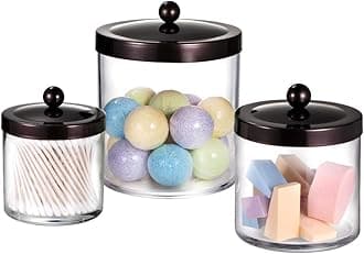 SheeChung Premium Quality Apothecary Jars - Clear Plastic Storage Jars with Rust Proof Stainless Steel Lids - Bathroom Vanity Countertop Organizer Canister Holder House Decor | Set of 3 (Bronze)