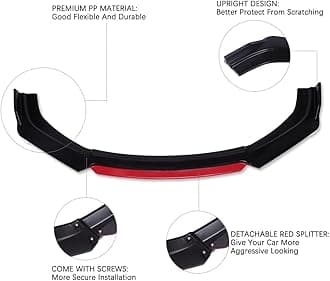 Universal Front Bumper Lip Body Kit, ABS Front Spoiler Black&Red Front Bumper Lip Splitter Body Kit with Red Strut Rods