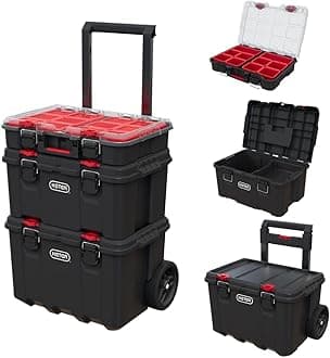 Keter Stack-n-Roll Mobile Tool Storage and Organization, 3 Piece Resin Modular Toolbox System