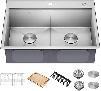 Kore 30-Inch Drop In/Top Mount Workstation 16 Gauge 50/50 Double Bowl Stainless Steel Kitchen Sink with Accessories, KWT302-30