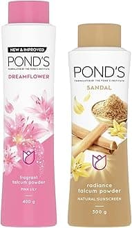 Pond's Dreamflower Fragrant Talcum Powder, Pink Lily, 400 G And Sandal Radiance Talcum Powder, Natural Sunscreen, 300 G
