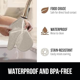 GORILLA GRIP BPA-Free Soft Silicone Oven Mitts, 14.5x8.3, Heat Resistant and Waterproof Cooking Gloves, Thick Cotton Lining, Flexible Gripping for Baking Grilling, Kitchen Potholders Set of 2, Almond