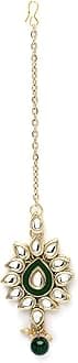 Karatcart Traditional Gold Plated Green Beads Kundan Maang-Tikka for Women