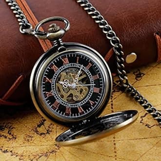 Bronze Men's Antique Mechanical Pocket Watch, Skeleton Mechanical Roman Numerals Pocket Watch with Chain + Box