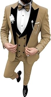 Wangyue Double Breasted Mens Tuxedo Suit Set 3 Piece Wedding Tuxedos for Men Slim Fit Prom Suits Groom Tux with Bow Tie