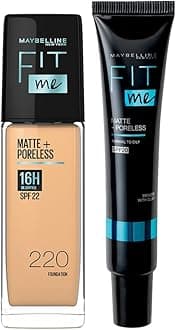 Maybelline New York 16 HR Matte Base Duo, Prep + Blend Makeup Combo, Fit Me Foundation 220 (30ml)+ Fit Me Matte + Poreless Primer (30ml)