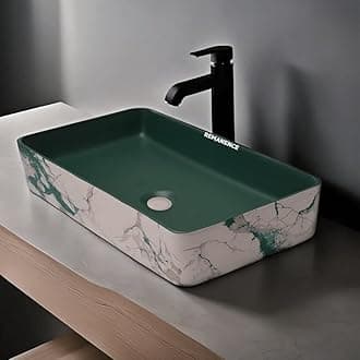 REMANENCE Designer Table Top Wash Basin For Bathroom | Ceramic Bathroom Sink | Wash Basin Over Counter Bathroom Basin (24 x 14 x 4 Inch) (Designer Green N White SL 57)