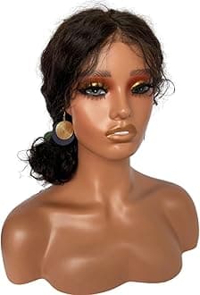Voloria Realistic Female Mannequin Head with Shoulder Manikin PVC Head Bust Wig Head Stand with Makeup for Wigs Necklace Earrings Light Brown with Yellow Eye Shadow