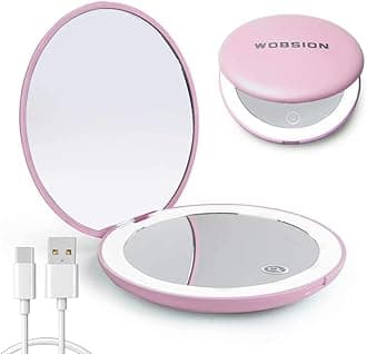 WOBSION Travel Mirror with Light, Rechargeable 1x/10x Compact Magnifying Mirror, Dimmable Pocket Mirror,3.5inch Travel Size,Portable for Handbag,Purse,Gift,Pink