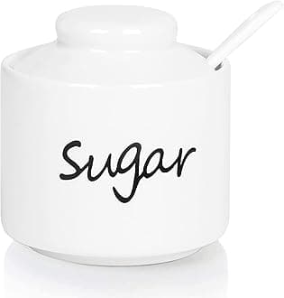 CHILDIKE Ceramic Sugar Bowl with Lid and Spoon, White Porcelain, 8 Ounces