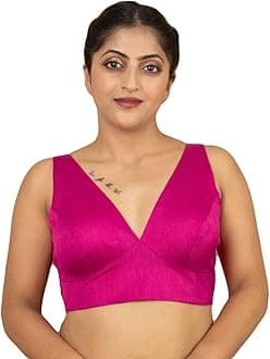 Women's Dupion Raw Silk Sleeveless V Neck Sabyasachi Cut Readymade Saree Blouse Padded Stitched Lining Designer Indian Festive Blouse | S4