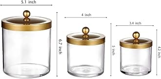 SheeChung Premium Quality Apothecary Jars - Clear Plastic Jars with Rust Proof Stainless Steel Lids - Bathroom Vanity Countertop Storage Organizer Canister Holder House Decor | Set of 3 (Gold)