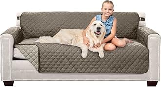 Sofa Shield Couch Slip Cover with Elastic Strap, Cushion Protector, Reversible Stain and Dog Tear Resistant Slipcover, Quilted Microfiber 70in Seat, Washable Covers for Dogs Pets Kids, Latte Linen