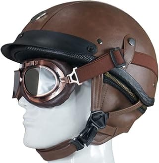 Retro Leather Motorcycle Half Helmet for Men and Women, Vintage Pilot Style Adult Open-Face Helmet Bike Cruiser Chopper Moped Scooter Motorbike Helmet DOT Certified Brown,M