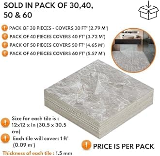 Vinyl Floor Tiles Self Adhesive - 60 Pack To Cover 60 sqf (5.57 sqm) | Each Sticker Tile Size 12x12In (30.5 x 30.5cm) - Peel and Stick Vinyl Floor Tiles | Light Grey Marble Effect