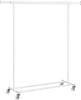 SONGMICS Clothes Stand with Wheels, Extendable Coat Rack for Heavy Loads, Total Load 100 kg, 45 x (92-132) x 161.5 cm, Easy to Assemble and Move, White, HSR013W01