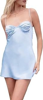 Women Y2K Satin Spaghetti Strap Mini Dress Low Cut Sleeveless Off Shoulder Pleated Going Out A-line Short Dress