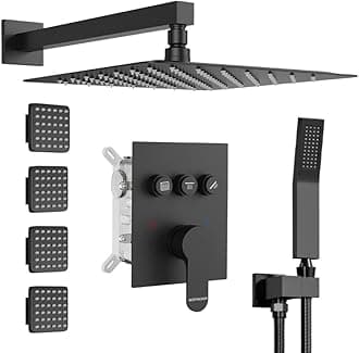 Shower Faucet Set Matte Black Shower System with Body Jets,Bostingner 12" Rain Shower Head with Handheld Spray,Can Use at Same Time,3 Way Push Button Diverter Shower Set with Valve Kit Complete