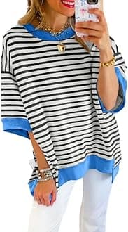 SHEWINWomens Tops Casual Short Sleeve Sweatshirt Crewneck Striped Shirt Pullover T Shirts Loose Blouses