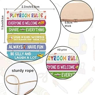 KAIRNE Playroom Rules Wood Sign Hanging Wall Art,Everyone is Welcome Inspirational Quotes Wall Decor for Kids Room,Colorful Rainbow Color Wooden Plaque for Childrens Bedroom Decoration