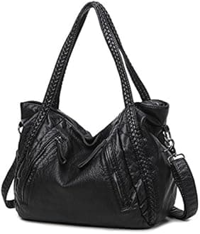 Black Soft Leather Shoulder Purses for Women Large Size Tote Handbags Slouchy Hobo Bags Big Capacity Trendy Shoulder Purse
