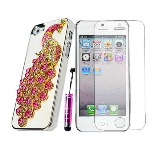 RIGHTWAY Cheap 3D Peacock Design with rhinston Cases for iPhone 5 + Free 1Pc Clear Screen Protector Film and 1x Stylus Pink
