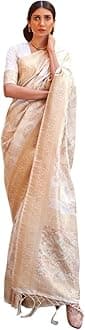 SWORNOF Women's kanjivaram banarasi silk saree for festival Wedding silk with rich pallu Design sarees for women with Unstitched blouse piece (CREAM1)