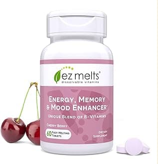 EZ Melts Energy Memory & Mood Enhancer, Methylated B-Complex, Sublingual Vitamins, Vegan, Zero Sugar, Natural Cherry Flavor, 60 Fast Dissolve Tablets