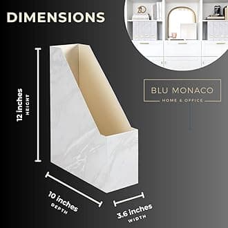 BLU MONACO Set of 4 Magazine Holders | White Marble Design with Gold Label Holders | Foldable File Organizer Boxes for Desk, Office & Classroom | Stylish Paper & Magazine Storage