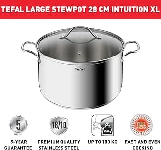 TEFAL Cooking Pot with Glass Lid | Intuition XL 28 cm/ 8L Satinless Steel Casserole | Premium Stainless steel 18/10 | Induction | 2 Years Warranty | B8646404