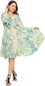 KE KanhaExportsKE Kanha Exports Women Dress | Beach wear Dress for Women| Latest Stylish | Dresses for Woman | Summer Outfit | Unique Border Design Tassel Stretchable with Adjustable Drawstring fit and Flare