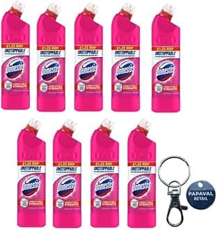 Domestos 24 Hr Thick Toilet Bleach Cleaner 750ml x 9 Box Pack Kills 99.9% Bacteria with Key Ring (Pink)