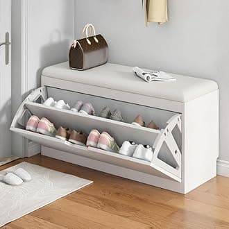 LITFAD Modern Shoe Storage Bench with Doors - Entryway Bench with Cushion Seat - Hallway Bench with Hidden Shoe Storage - Free Standing Organizer - 31" L x 9" W x 18" H - White