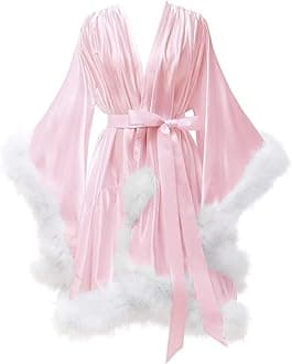 Women's Feather Robe Silk Satin Fur Bridal Robe Short Dressing Gown Bathrobe Lingerie Nightgown Sleepwear