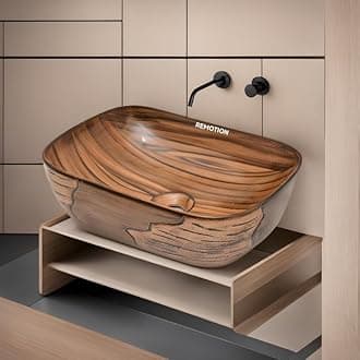 REMOTION Wooden Style Designer Wash Basin Countertop | Tabletop Ceramic Bathroom Sink | Wash Basin For Bathroom (18 x 13 x 5.5 Inch, Wodeen Style Designer Basin 09)
