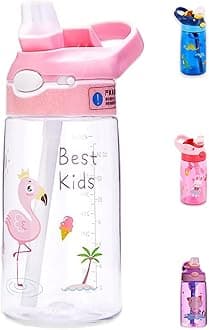 Kids Water Bottle with Straw & Handle - BPA Free 16 oz Leakproof Design for School & Outdoor Activities - Durable Tritan Plastic (Pink Flamingo)