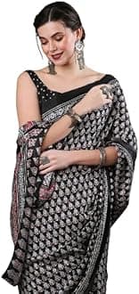 SAREE MALL Women's Ajrak Block Print Dola Silk Saree With Unstitched Blouse Piece
